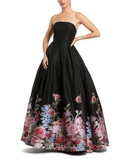 Mac Duggal Black Strapless Floral Brocade Ballgown - Black Multi, Size-8