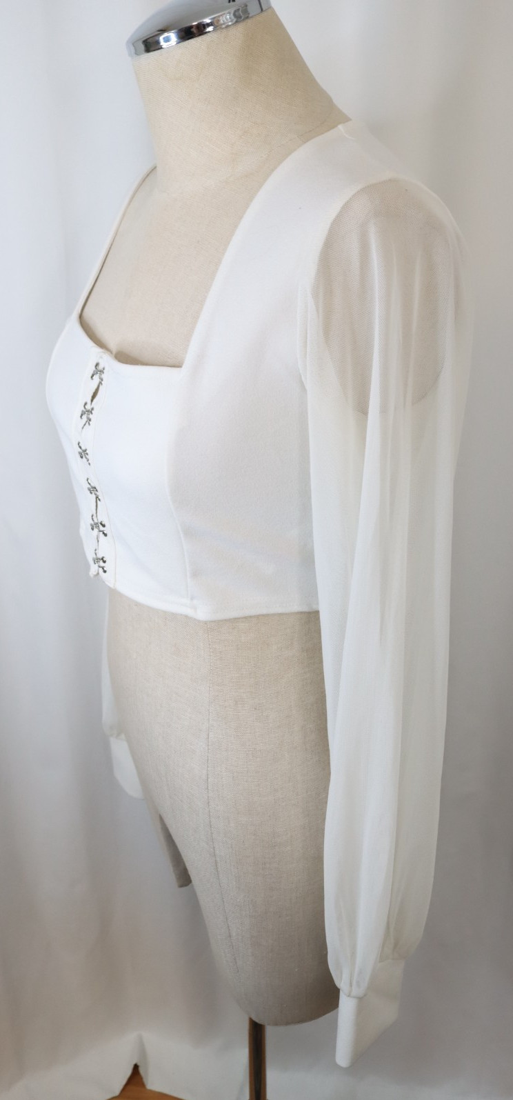 Boohoo White Cropped Top Size 6 Long Sleeve Sheer Arms (41)