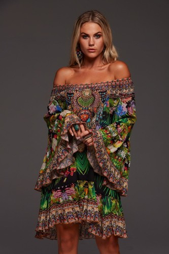 new CZARINA TROPICAL LOVE VISCOSE CRYSTALS FRILL KAFTAN DRESS M - Picture 2 of 8