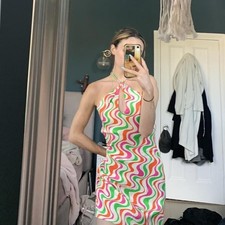 New Zara Mini Dress Satin Swirl Print Retro Halter Neck Backless Size M