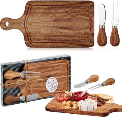 Ziliny 4 Set Bridal Baby Shower Bamboo Cheese Board Gift Set Knives Forks Acacia