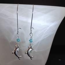 Handmade Dolphin Earrings Stainless Steel Swaroski Crystal Beads Dangle Jewelry