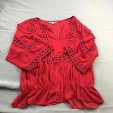 Daniel Rainn Womens Shirt Red 3/4 Sleeve Sheer Elastic Waist Flowy #2077