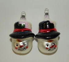 Pair of Figural Glass Snowman Head Christmas Ornaments