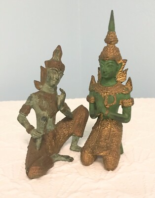 Thai Bronze Metal Statue Theppanom Buddhist Figurines Lot Of 2 