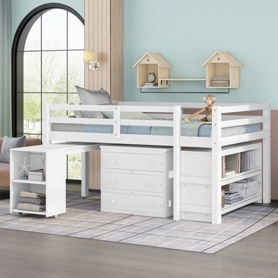 Low Study Full Loft Bed with Cabinet, Shelves & Portable Desk - White