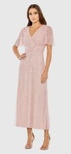 Mac Duggal 35116 Sz 10 Rose Pink Beaded Wrap Over Butterfly Sleeve MIDI Dress