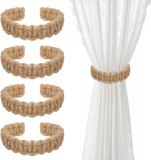 4pc Boho Curtain Tie Backs Braided Jute Rope Farmhouse Rustic Drape Holders Brow