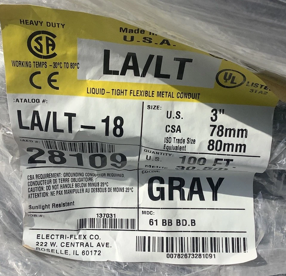 Conducto metálico flexible hermético al líquido de 3”, carrete de 100’, tipo LA/LT, aprobado por UL Foto 2 de 4