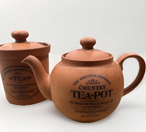 LOT OF 2 Original Suffolk Country Teapot Henry Watson Pottery & Tea Canister
