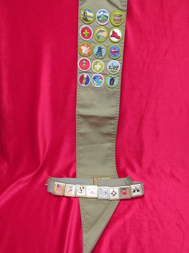 Vtg Boy Scout Sash With Merit Badges & Web Belt With Brass Loop Merit Awards