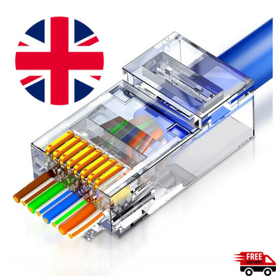 RJ45 Durchgangsstecker Cat5e Cat6 EZ Crimp Netzwerkkabel Stecker 10/50 Stück UK