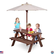 Costzon Kids Picnic Table Set - Natural Fir Wood Table & Chairs with Umbrella