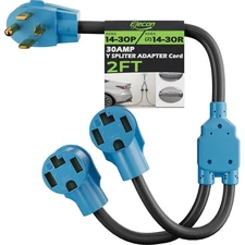 Elecan 30A 4-Prong Dryer/EV Y Splitter: NEMA 14-30P to 2X14-30R, 10AWG, Blue