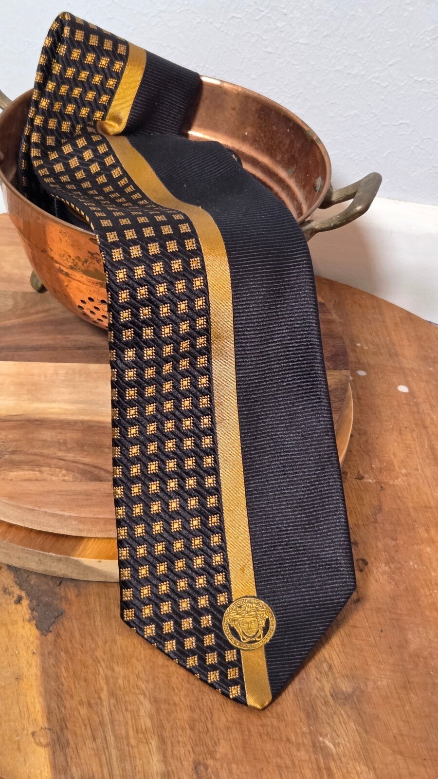 Gianni Versace Vintage Silk Tie Black Gold Medusa Head Geometric Checkerboard - second product detail image