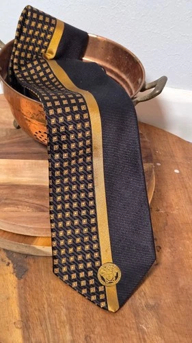 Gianni Versace Vintage Silk Tie Black Gold Medusa Head Geometric Checkerboard image 2