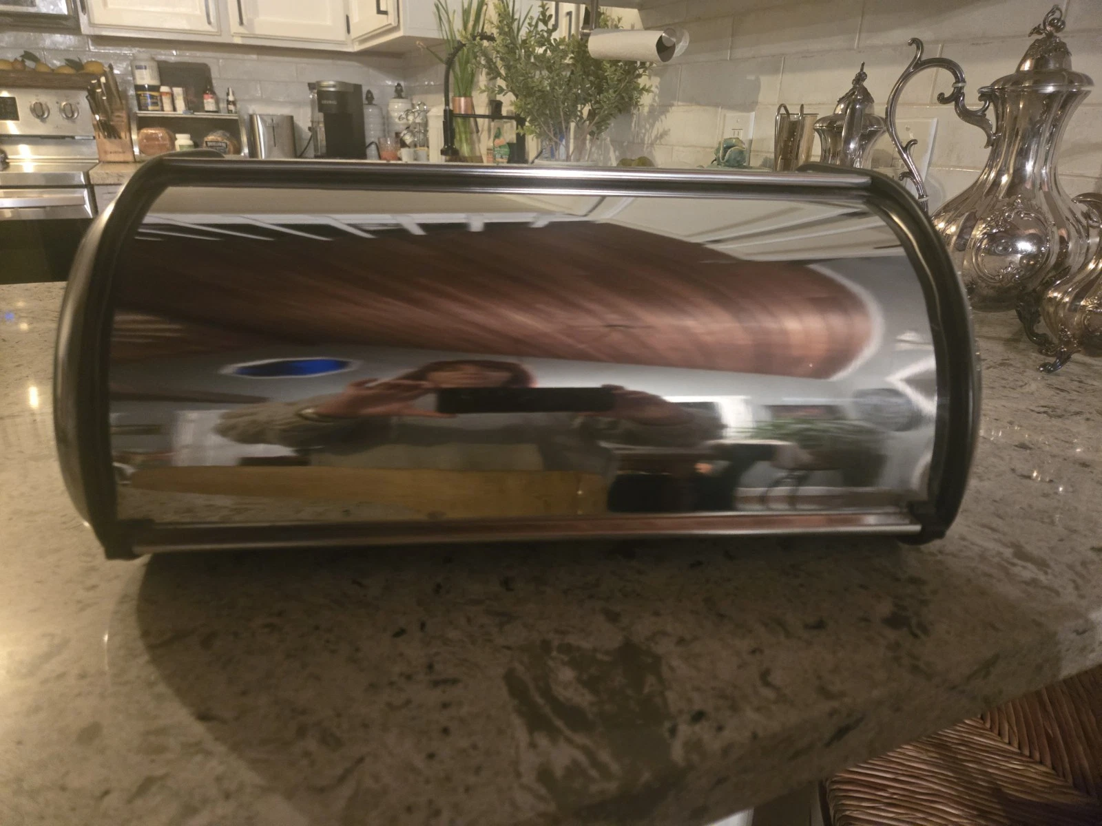 Stainless Steel Chrome Vintage Retro Metal Roll Top Bread Box Rounded Dome