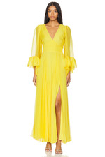 $595 New  Alice + Olivia Selene Chiffon Maxi Pleated Dress Long Sleeve Yellow 4