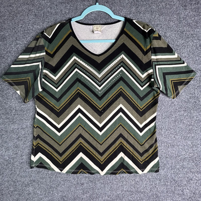 Jess & Jane Womens Top Size Large Geometric Green Rhinestones