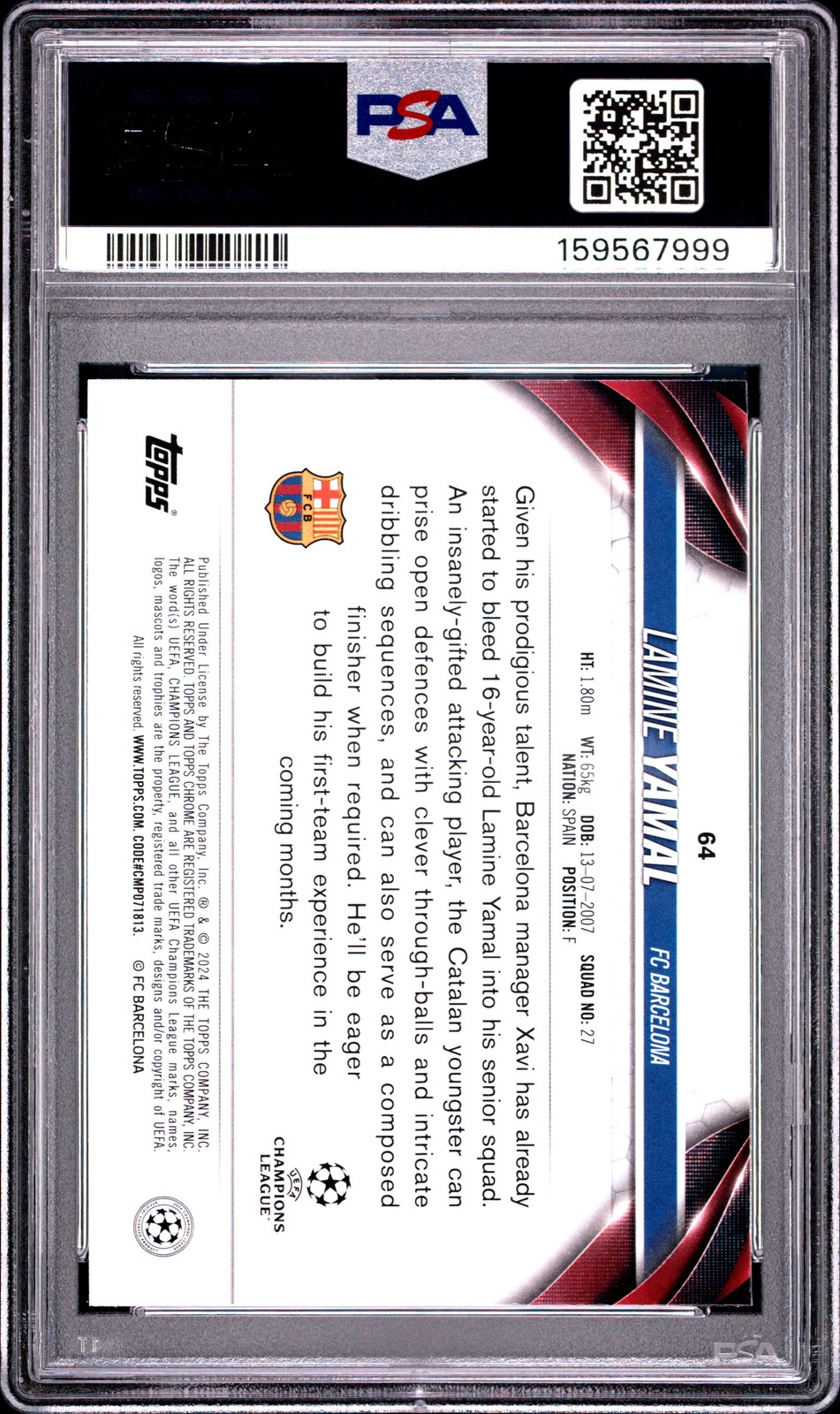 2023-24 TOPPS CHROME UCC AQUA LAVA #64 LAMINE YAMAL ROOKIE RC PSA 10 view 2