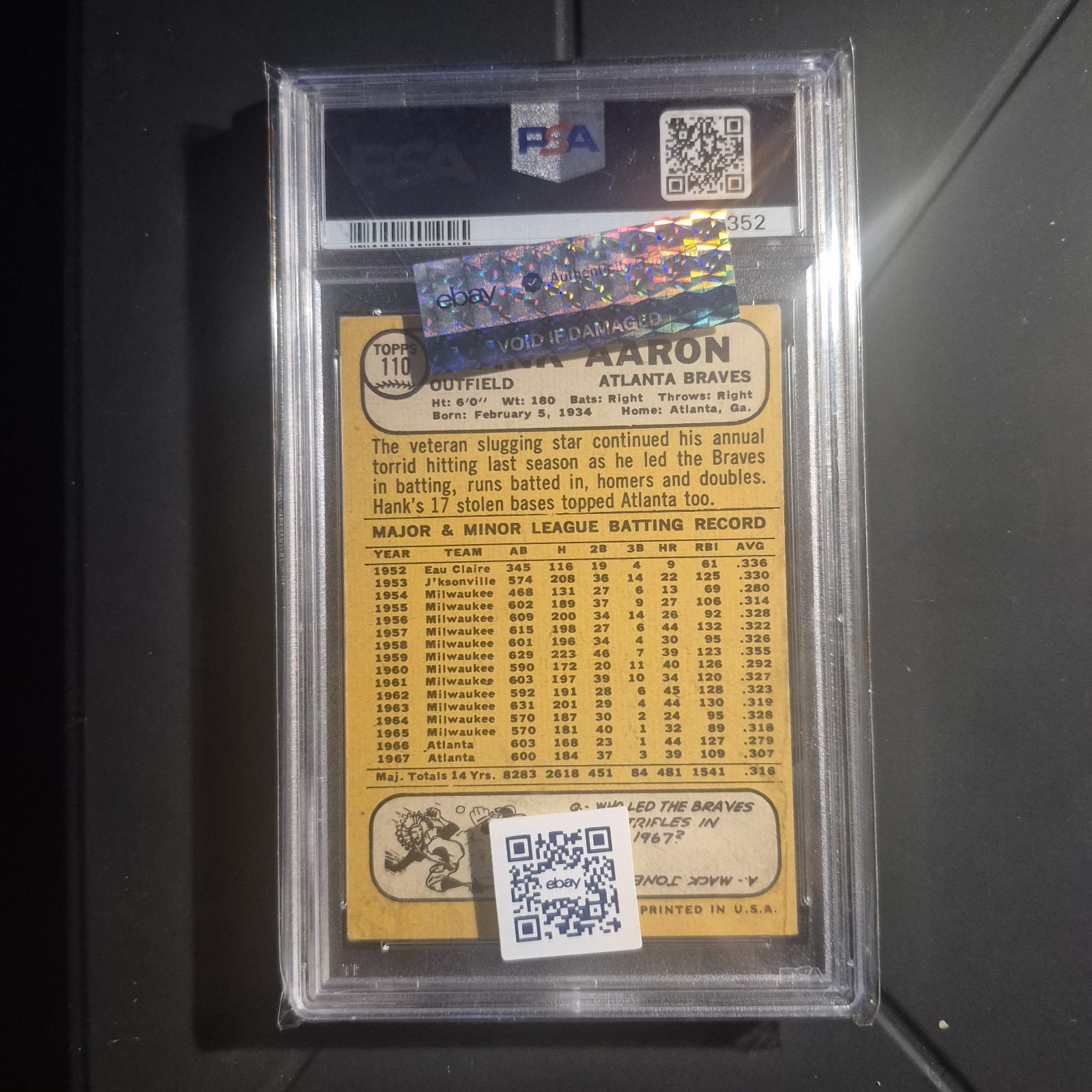 1968 Topps Baseball #110 Hank Aaron PSA 6 Great Centering view 2