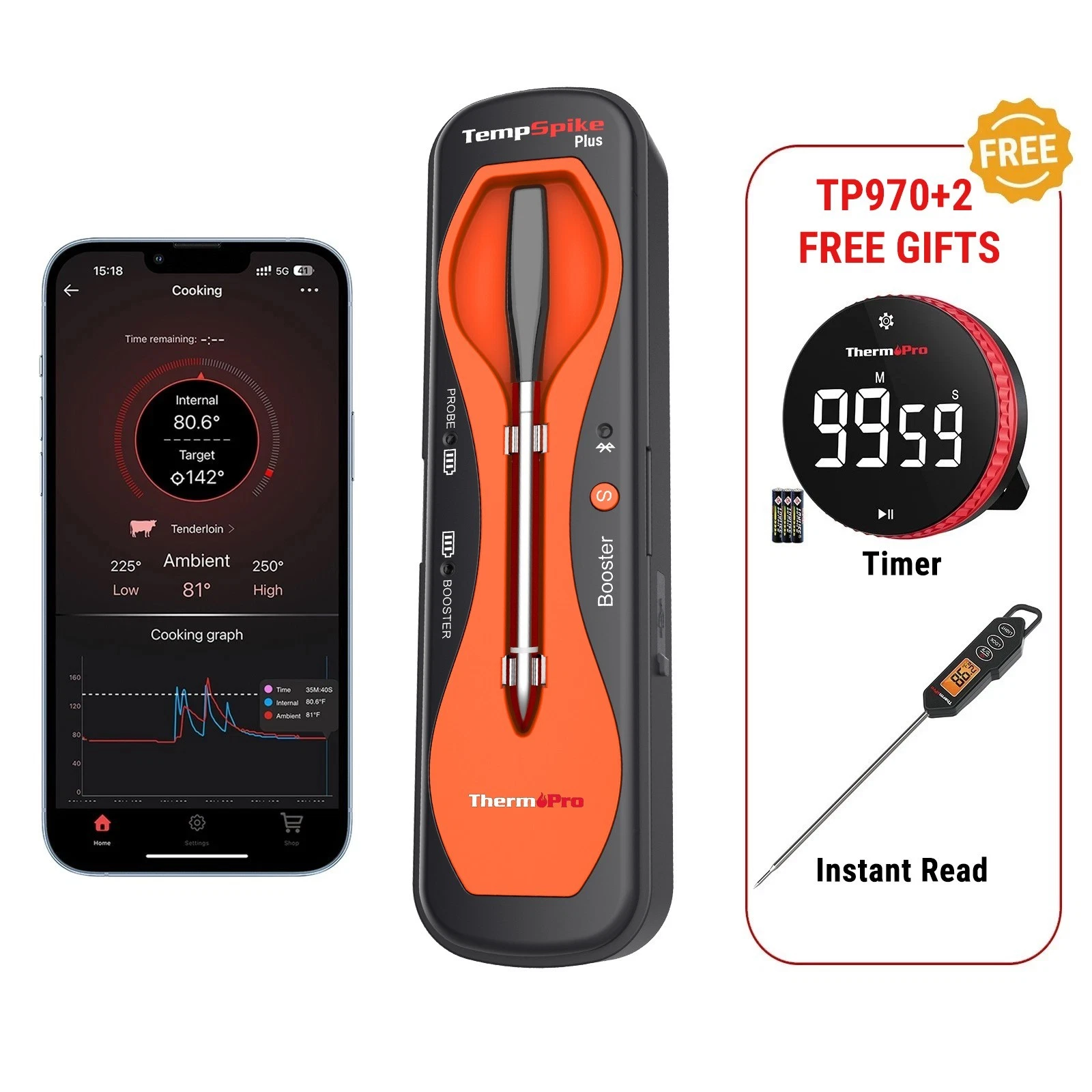 ThermoPro TempSpike Plus Wireless Meat Thermometer Bundle Instant Read Timer Kit
Opens in a new wind