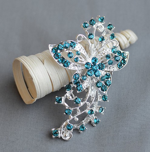 Blue Teal Turquoise Rhinestone Brooch Crystal Wedding Bouquet Pin -2 - Picture 9 of 20