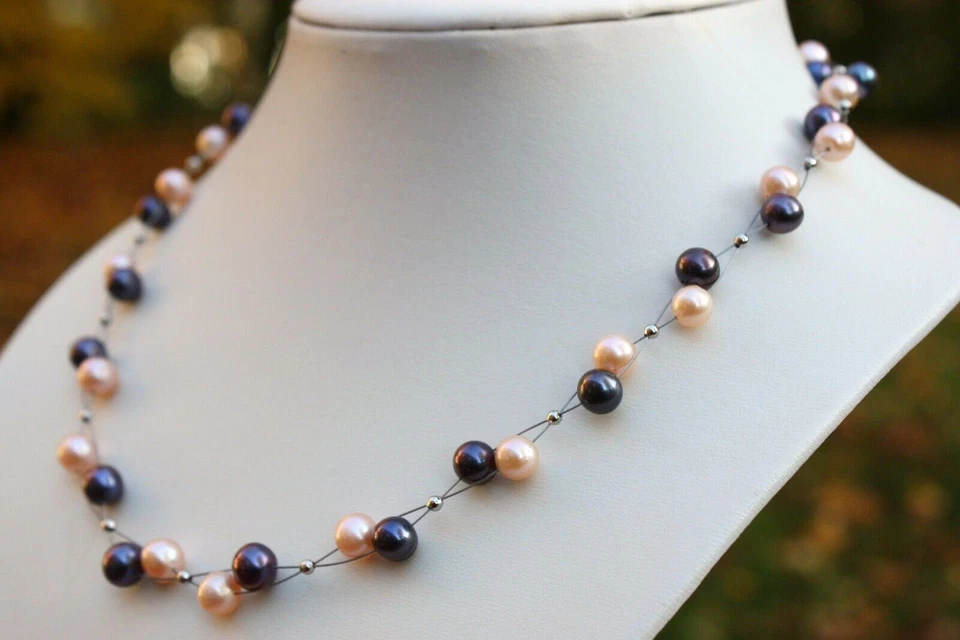 A88 natürlich Süßwasser Perlen Schmuck Halskette Perlenkette Collier Echtschmuck - Bild 1 von 1