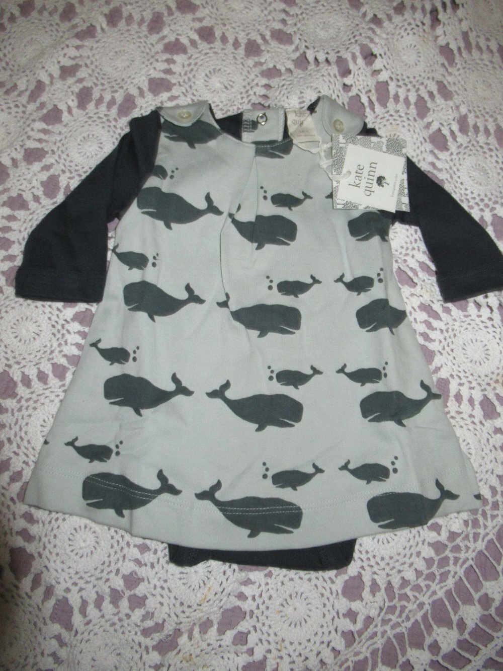nwt Kate Quinn blue gray whale organic cotton snap bottom dress girl 3 - 6  m | eBay