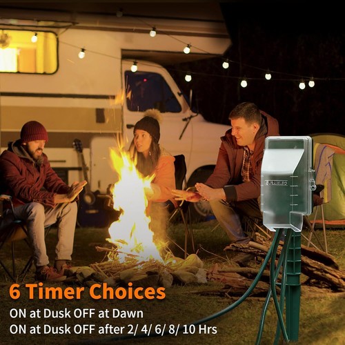 Outdoor Power Stake Light Timer, Dusk to Dawn, 6 Electrical Outlet Power Strip W - Picture 3 of 7