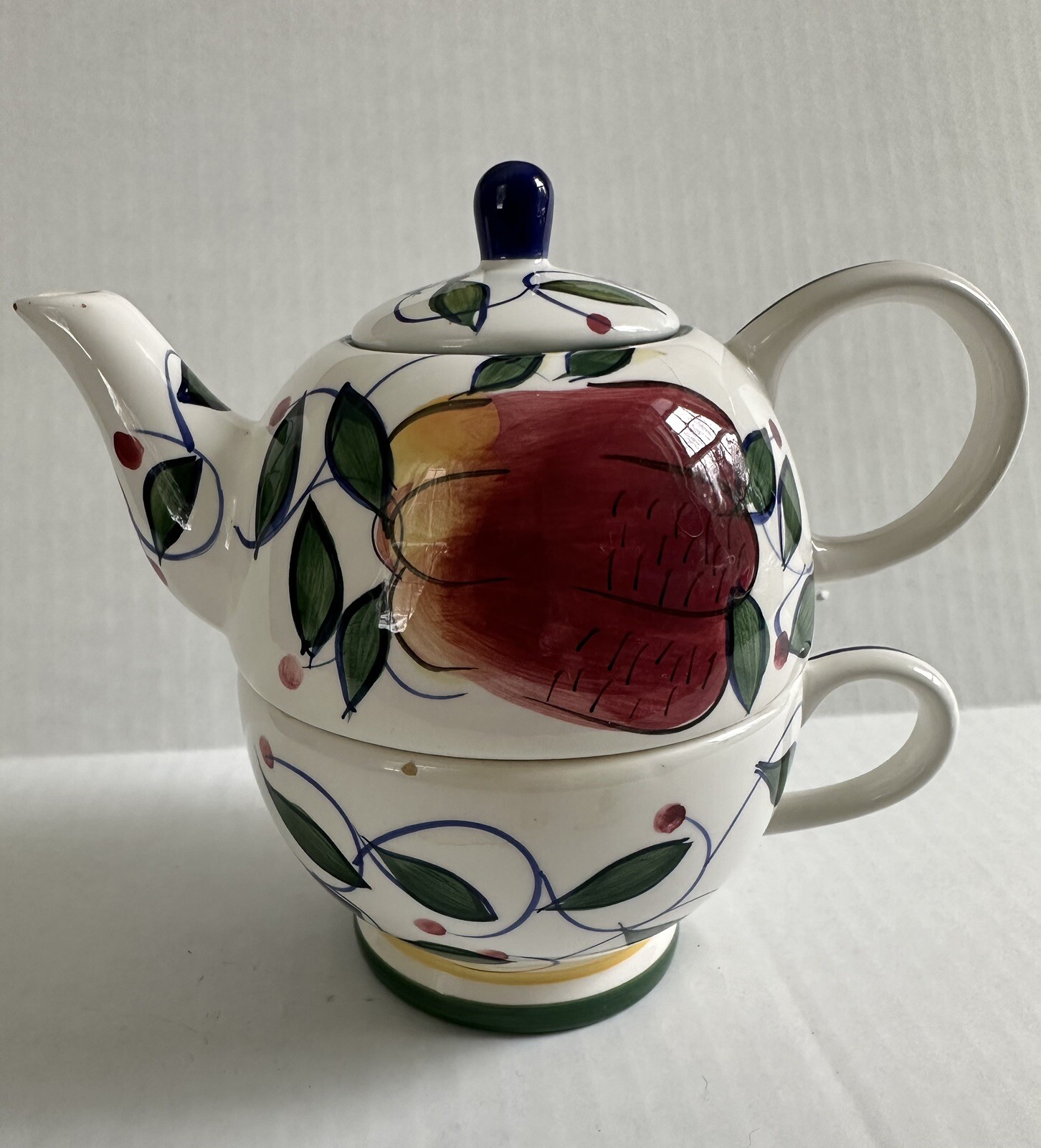 Zrike Teapot and Cup Set 3pc Hand Painted Fruits, Leaves