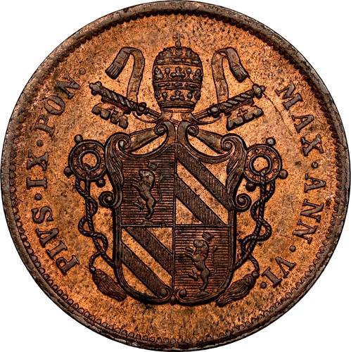 1851 R VI Italy Papal States 2 Baiocchi, NGC MS 63 RB, KM-1344, Red/Brown
