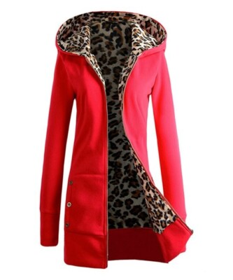 Danqi Leopard-Lined Zip-Up Longline Hoodie - Red - Size S - New