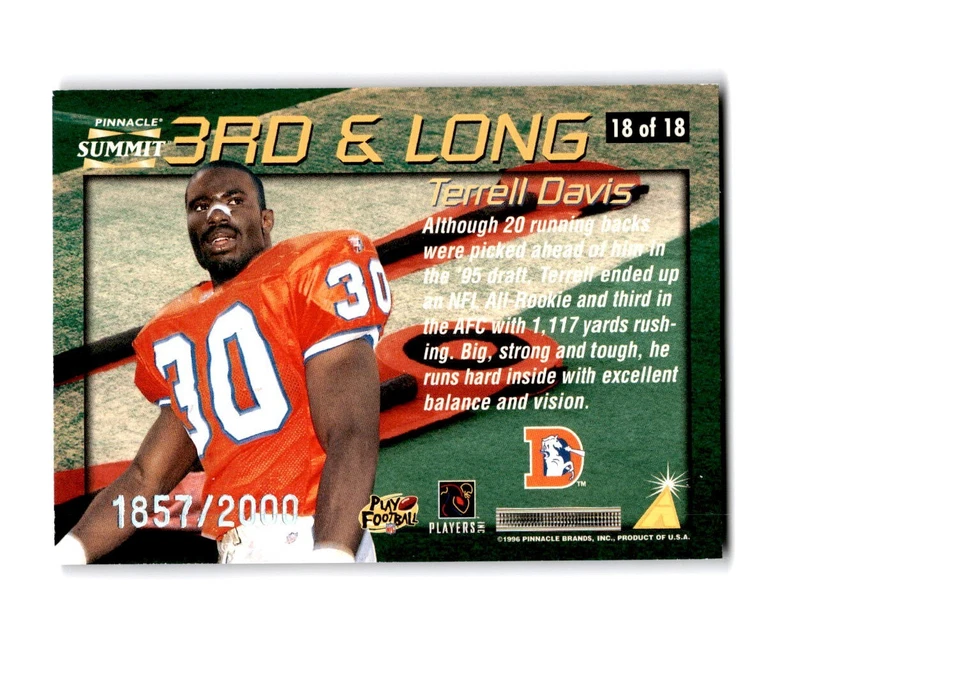 1996 Pinnacle Summit 3rd and Long /2000 Terrell Davis #18 HOF Denver Broncos - Image 2 of 2