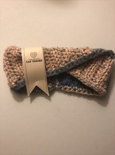 Handmade Crochet Knit Headband/Ear Warmer Womens. Chunky Neutral W/blue Yarn