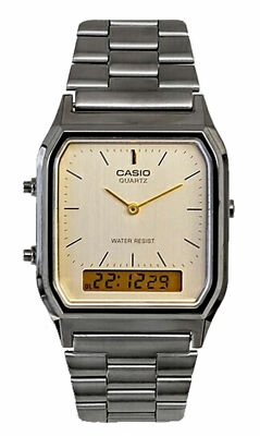 Casio AQ230GG-9A Vintage Analog Digital Gunmetal Watch Gold Dial NEW
