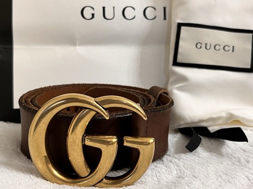 Authentic Gucci Belt Brown Leather Golden Buckle Classic Double GG size 80/32 - Picture 1 of 3