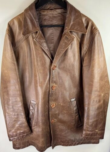 Reiss London UK XL Leather Jacket Heavyweight Lined Button Up Vintage Brown Coat - Picture 2 of 24