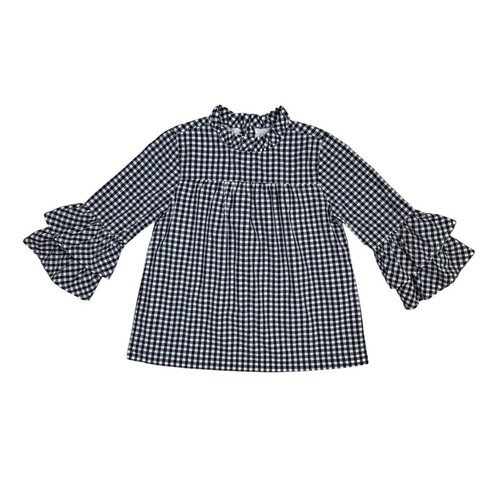 Janie and Jack Girls Gingham Top Size 8 Navy Ruffle Cotton Poplin School Preppy