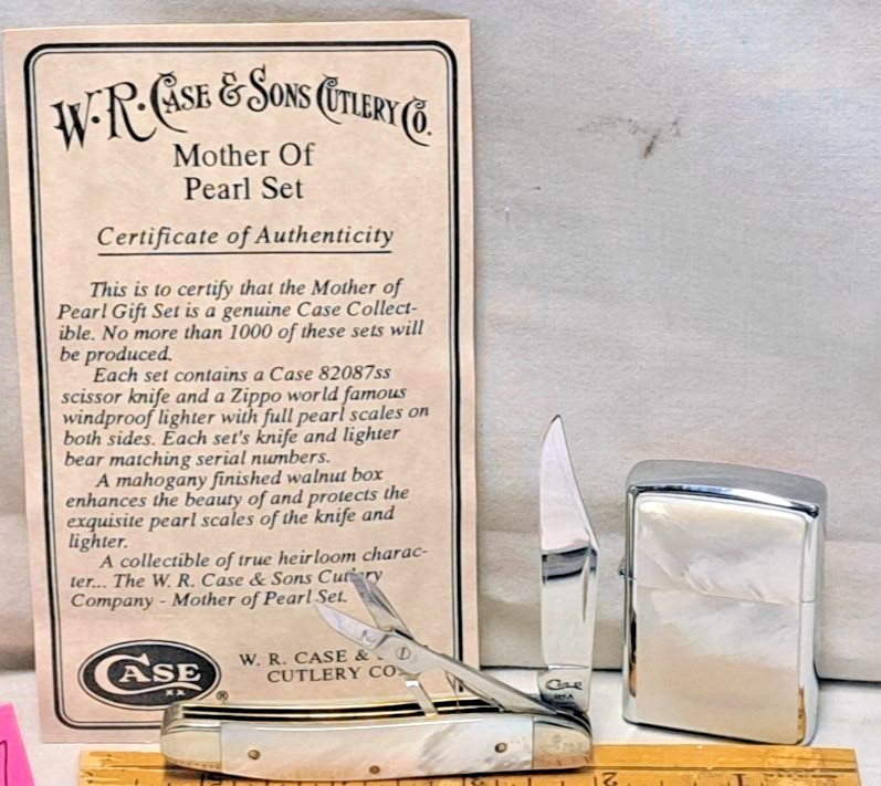 Case Mother of Pearl Pocketknife Stainless Steel Blades & Zippo Lighter Set