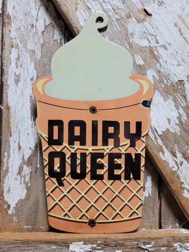 VINTAGE DAIRY QUEEN PORCELAIN SIGN OLD ICE CREAM MILKSHAKE DESSERT CONE DIECUT