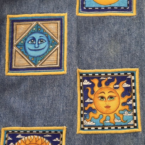 The Quacker Factory Sun/Moon 100% Cotton Denim Jean Button Down Patches Shirts S - Picture 9 of 18