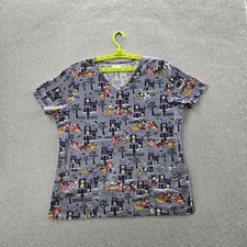 Disney Women Scrub Top L Gray Graphic Mickey Minnie Mouse Tee V-Neck Pullover