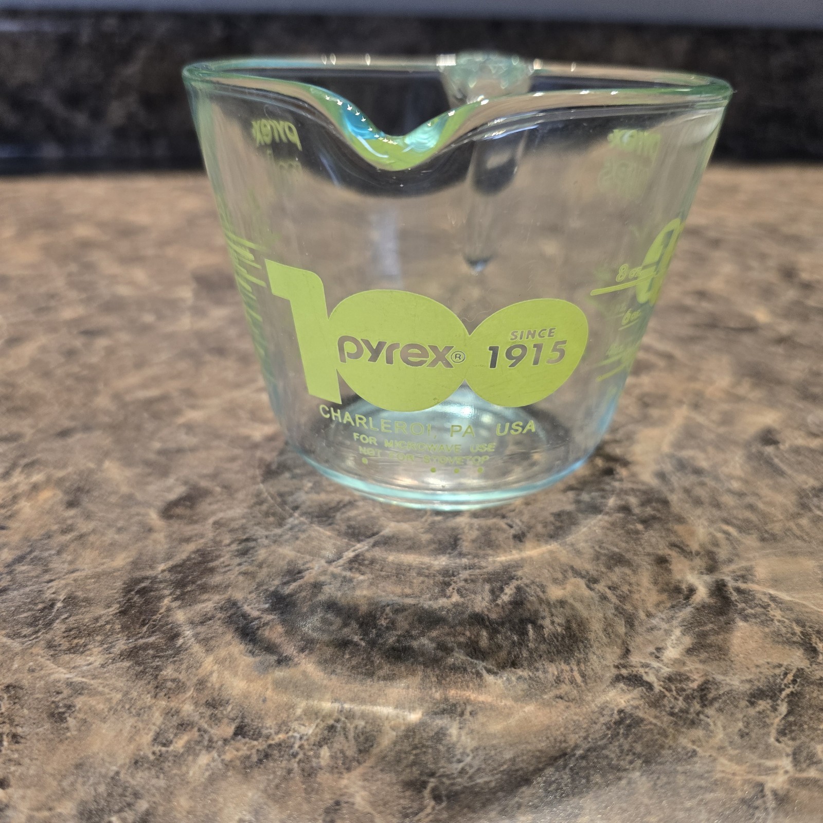 Pyrex Capital Letters Pyrex 100th Anniversary 1915-2015 1 Cup Measuring Lime Yellow Letters USA