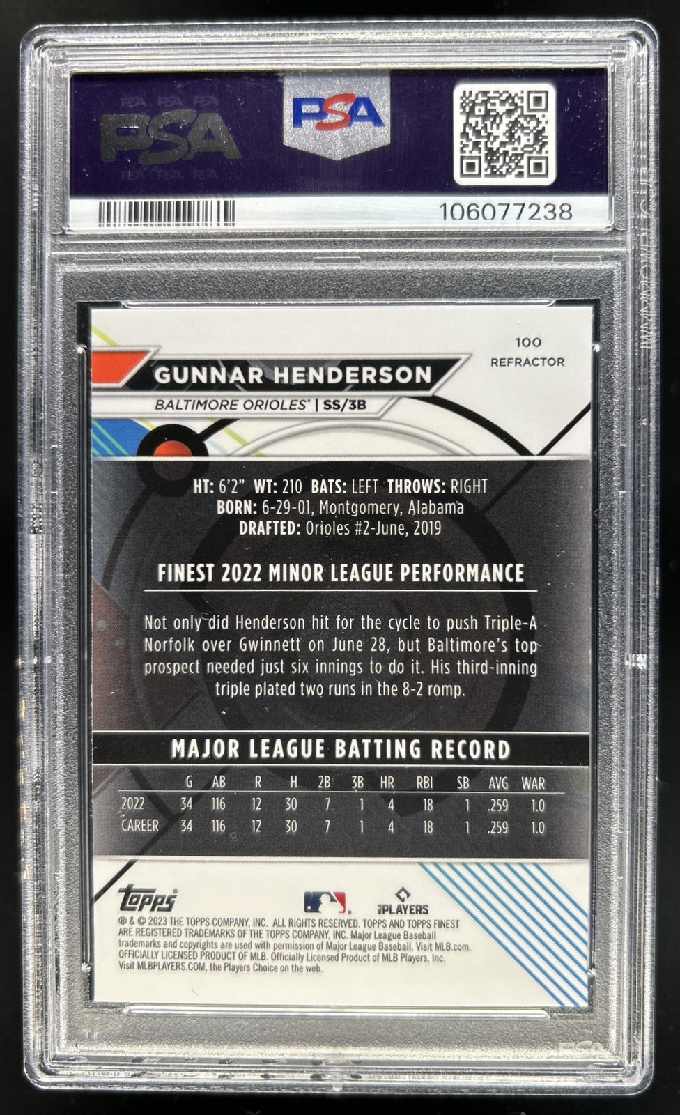 2023 Topps Finest Gunnar Henderson Refractor Rookie RC #100 Orioles PSA 10 view 2
