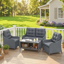 4Pieces Wicker Rattan Garden Sofa Set Outdoor 2Armchairs Loveseat Coffee Table