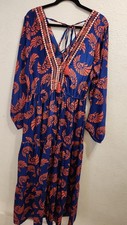 DRESS NAOO Dress Womens XL Blue Orange Boho Maxi V-Neck Embroidered Mirror Trim