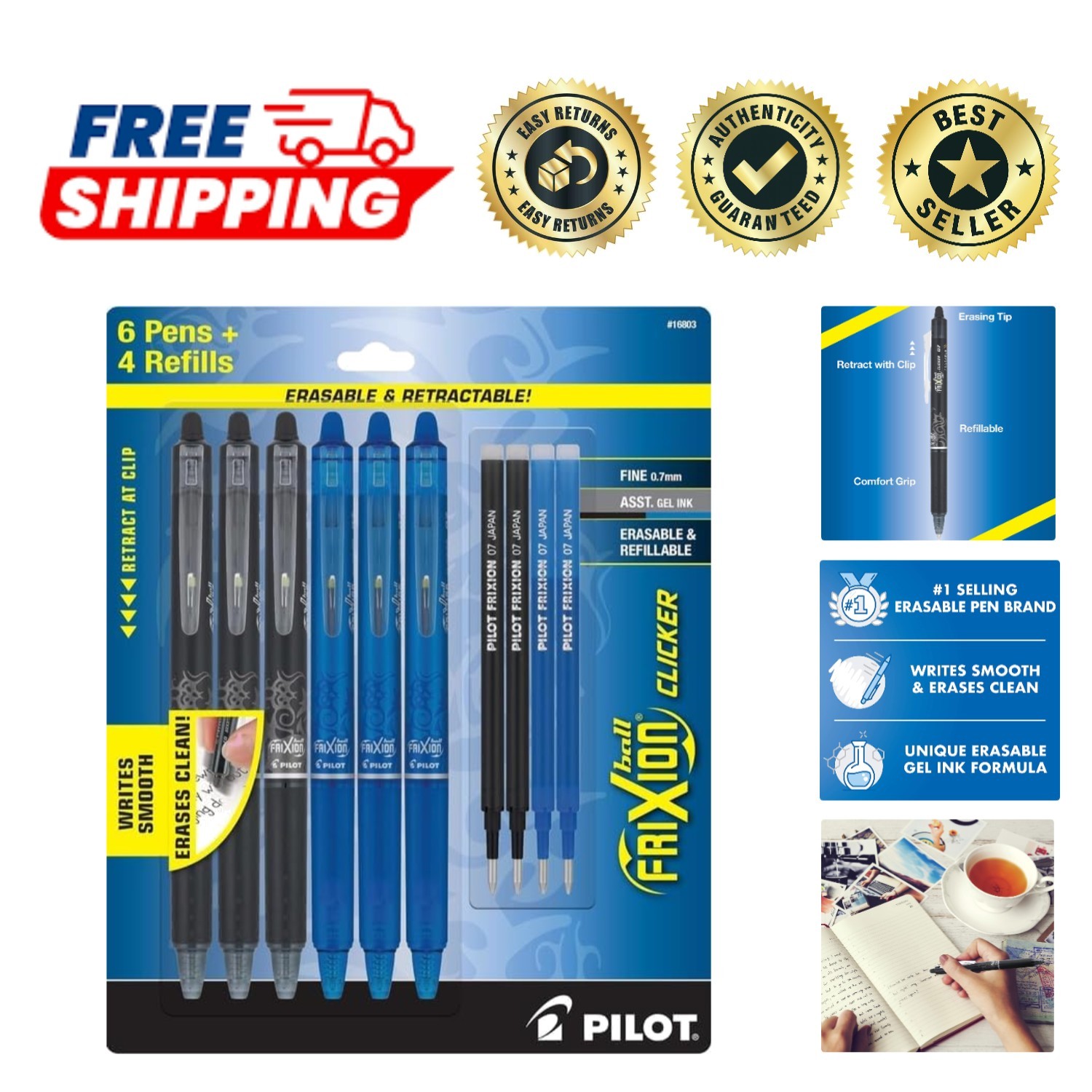 FriXion 6-Pack Erasable Pens: Retractable Gel Ink, 3 Black & 3 Blue + Refills