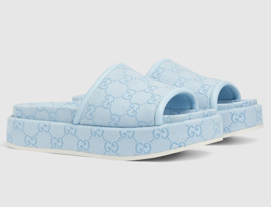 Gucci Light Blue GG Monogram Logo Canvas Mule Flat Slide Platform