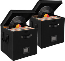 Vinyl Record Storage Box, 13 Inch Linen Fabric Organizer with Lid, Collapsible C